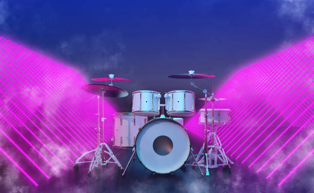 drum set in purple neon corridor stock photo