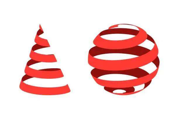 Vector illustration of Set of 3D ribbons, curl in the center of the sphere and cone. Vector illustration.