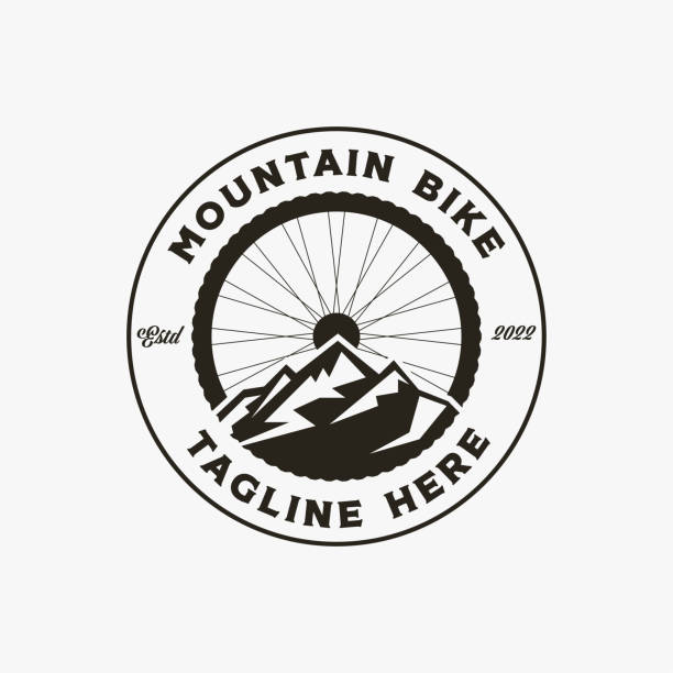 白い背景にマウンテンバイクデザインのシールエンブレムバッジサン - mountain biking mountain bike bicycle cycling点のイラスト素材／クリップアート素材／マンガ素材／アイコン素材