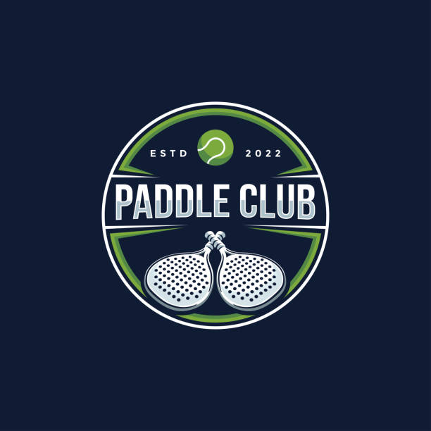 abzeichen emblem paddle tennis club emblem icon vektor auf dunklem hintergrund - racketball racket ball court stock-grafiken, -clipart, -cartoons und -symbole