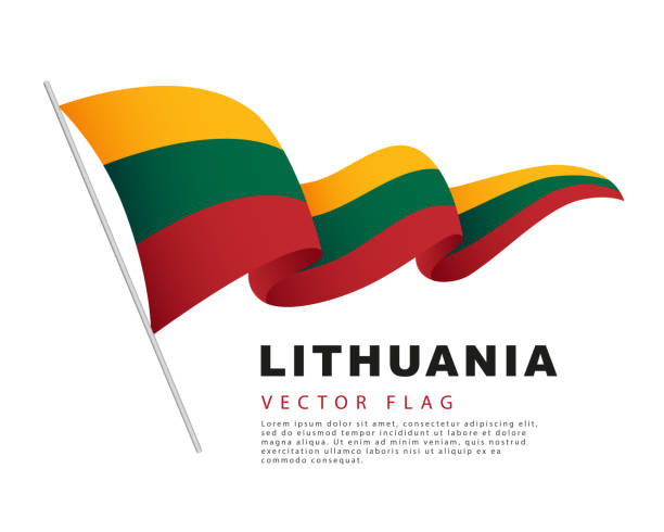 ilustrações, clipart, desenhos animados e ícones de a bandeira da lituânia paira sobre um mastro e tremula ao vento. ilustração do vetor isolada em fundo branco. - bandeira da lituânia