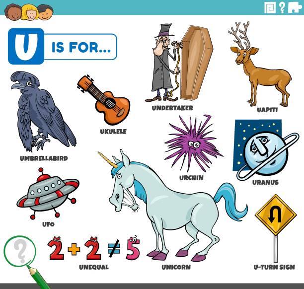 letter u words educational set with cartoon characters educational cartoon illustration for children with comic characters and objects set for letter U letter u with words stock illustrations