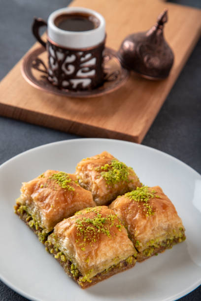 istock Pistachio baklava on a white plate with Turkish coffee 1400790819