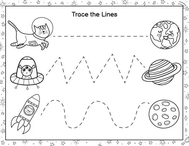 Vector illustration of Trace lines from cute astronauts to the planets. Coloring activity page for kids