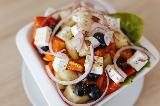 Close-up of bowl of Greek salad