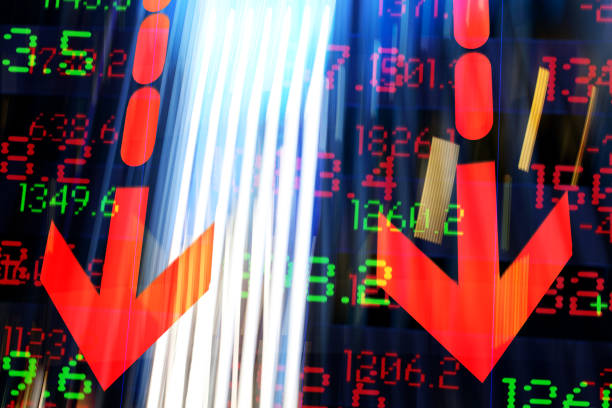 istock Finance. Arrow symbol. Blurred office buildings and Trading Screen Data. 1400792532