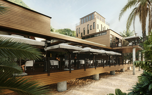 Digitally generated modern restaurant in an exotic location.

The scene was created in Autodesk® 3ds Max 2022 with V-Ray 5 and rendered with photorealistic shaders and lighting in Chaos® Vantage with some post-production added.