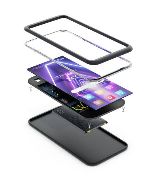 3D illustration showing smartphone technical detail with disassembled parts