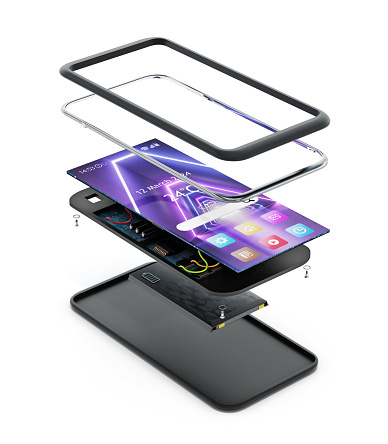 3D illustration showing smartphone technical detail with disassembled parts.