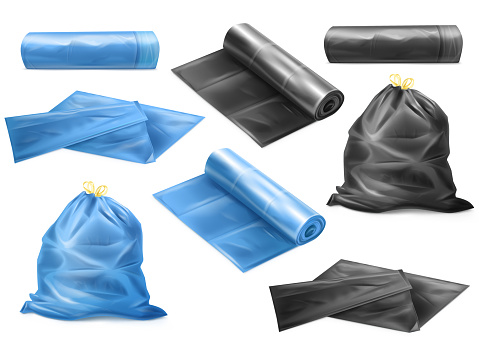 3d trash bags. Realistic polyethylene packaging for supplies kitchen trash or dustbin, mockup black plastic sack rouleau garbage isolated roll rubbish bag, tidy vector illustration