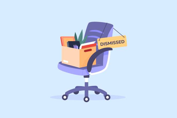 Chair dismissed employee. Quitting job worker, box of fired businessman leaving office resign job dismiss work person unemployment layoff people lost employment vector illustration Chair dismissed employee. Quitting job worker, box of fired businessman leaving office resign job dismiss work person unemployment layoff people lost employment vector illustration of fired box belongings stock illustrations