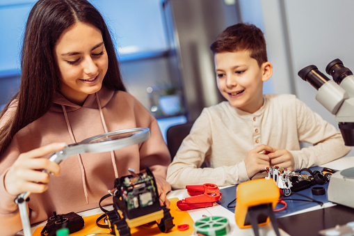 Shot of young brother and sister enjoying spending time together building a robot