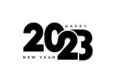 istock Logo Happy New Year 2023 text design. Cover of business diary for 2023 with wishes. Brochure design template, card, banner, poster, card, banner. Numbers and letters isolated on white background. 1400794728
