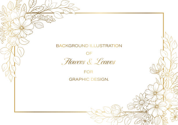 꽃과 나뭇잎 프레임 디자인, 흰색 배경에 황금 선 그리기 - greeting card ornate decoration floral pattern stock illustrations