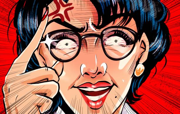 amerikanische comic-stil-farbillustration einer monster-eltern-bildungs-mutter mit brille, die plötzlich herausschnappt. - two parent family displeased anger furious stock-grafiken, -clipart, -cartoons und -symbole