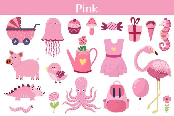 Vector illustration of Pink color objects set. Learning colors for kids. Cute elements collection