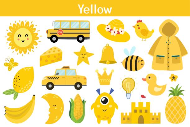 ilustraciones, imágenes clip art, dibujos animados e iconos de stock de conjunto de objetos de color amarillo. colores de aprendizaje para niños - macintosh apple