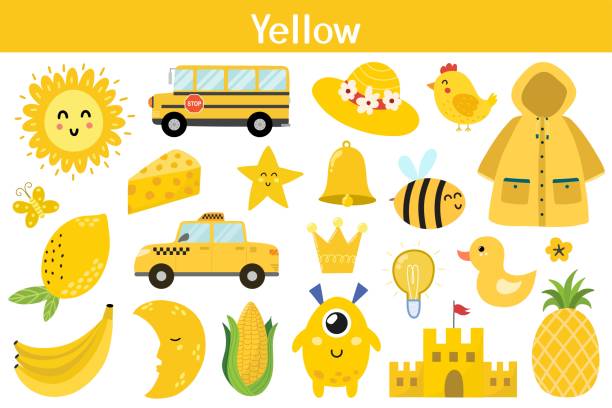 набор объектов желтого цвета. изучение цветов для детей - primary colours stock illustrations