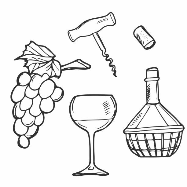 czas na wektor wina ręcznie rysowany szkic ilustracji. ludzka ręka trzymająca kieliszek do wina. butelka, ser, winorośl, korek, korkociąg, izolowany na białym tle. zestaw elementów doodle vintage - cheese wine white background grape stock illustrations