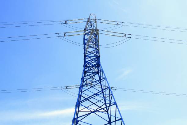 istock Power line station, high voltage transmission tower post tension for electricity distribution 1400801393