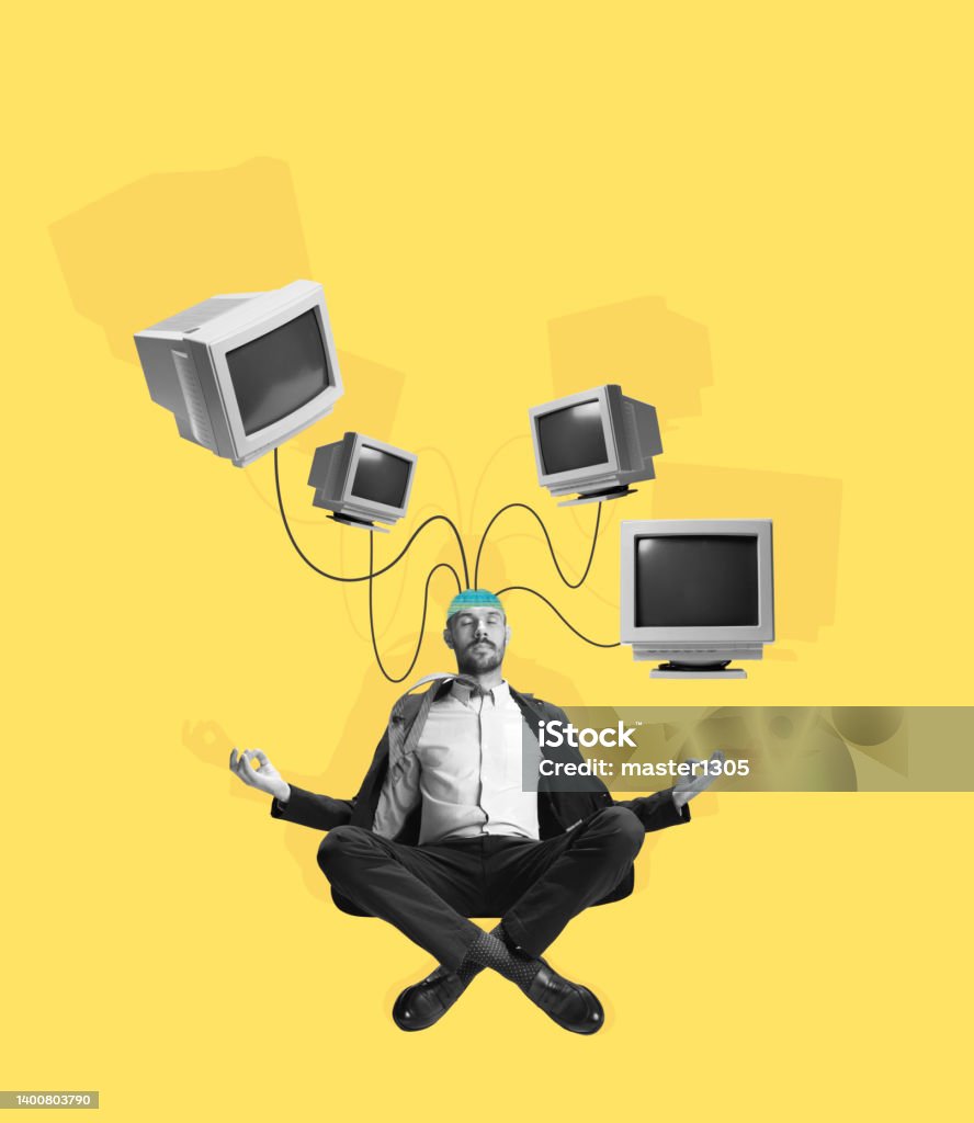 Contemporary art collage. Man, businessman's brain charge by means of energy of retro computers on yellow background. Concept of technology, ai Man, businessman's brain charge by means of energy of retro computers on yellow background. Contemporary art collage. Loading, generating new ideas. Concept of surrealism, retro style Image Montage Stock Photo