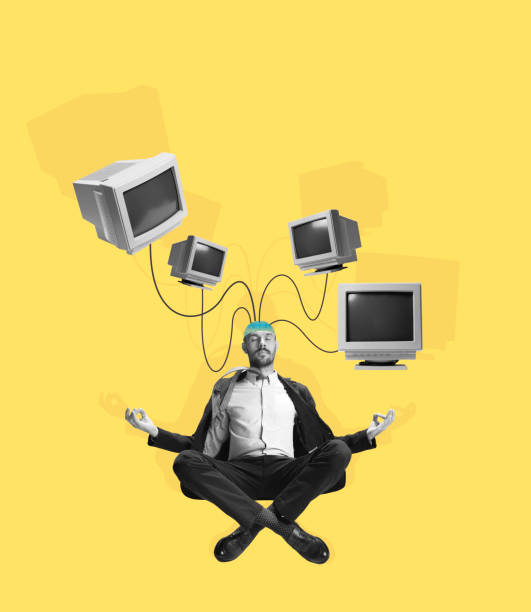 Contemporary art collage. Man, businessman's brain charge by means of energy of retro computers on yellow background. Concept of technology, ai stock photo