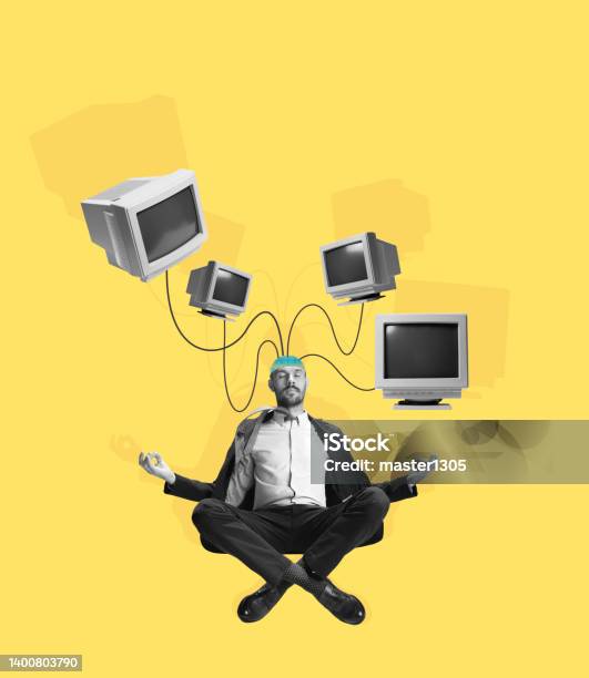 Contemporary Art Collage Man Businessmans Brain Charge By Means Of Energy Of Retro Computers On Yellow Background Concept Of Technology Ai Stock Photo - Download Image Now