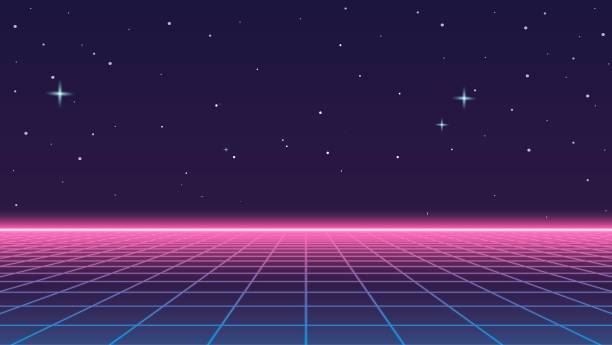 ilustraciones, imágenes clip art, dibujos animados e iconos de stock de ilustración de ciencia ficción futurista retro de los 80.  paisaje de videojuegos retrowave con cuadrículas de neón y estrellas. - videojuego