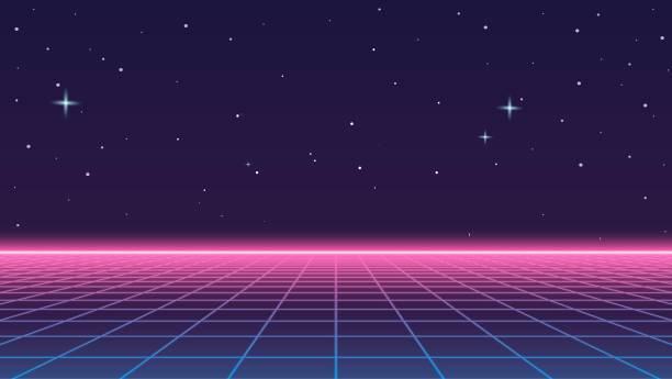 istock 80s Retro Futuristic Sci-Fi Illustration.  Retrowave Video Game Landscape With Neon Grids and Stars. 1400805542