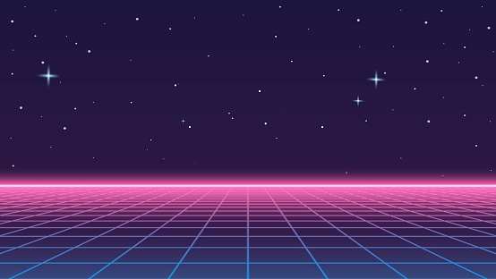 80s Retro Futuristic Sci-Fi Illustration.  Retrowave Video Game Landscape With Neon Grids and Stars.