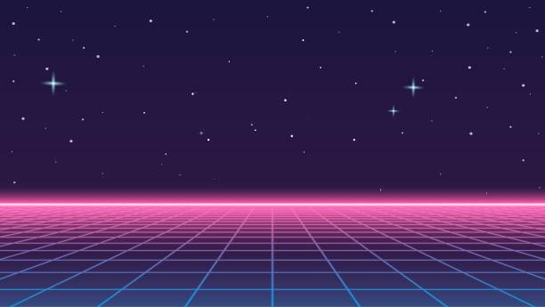 80s Retro Futuristic Sci-Fi Illustration.  Retrowave Video Game Landscape With Neon Grids and Stars. 80s Retro Futuristic Sci-Fi Illustration.  Retrowave Video Game Landscape With Neon Grids and Stars. video game stock illustrations