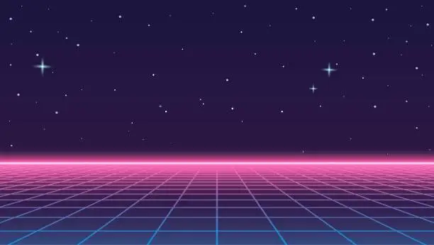 Vector illustration of 80s Retro Futuristic Sci-Fi Illustration.  Retrowave Video Game Landscape With Neon Grids and Stars.