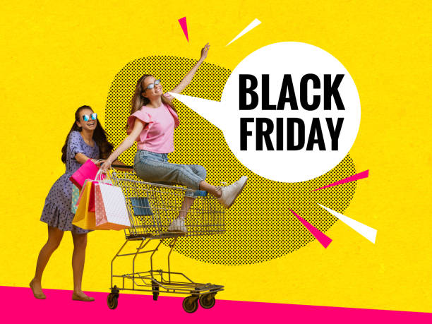 Creative poster, flyer with two happy girls with shopping bags ride on shop cart isolated on colorful abstract background. Concept of sales, black friday, discount, emotions stock photo