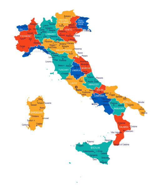 イタリアの��地図 - 非常に詳細なベクターイラスト - italy map sicily cartography点のイラスト素材／クリップアート素材／マンガ素材／アイコン素材