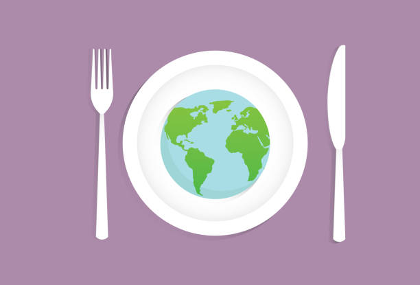 ilustrações de stock, clip art, desenhos animados e ícones de a globe on a dish with fork and a knife - healthy eating freight transportation globe planet