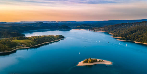 Dam on Solina Lake And island at sunset