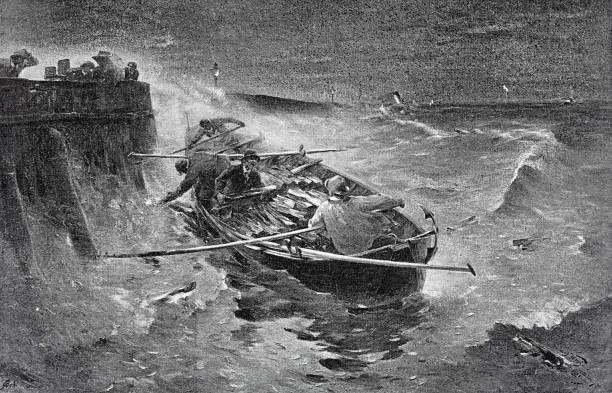 istock Rowboat on the stormy Bodensee threatens to crash against the sea wall 1400809524