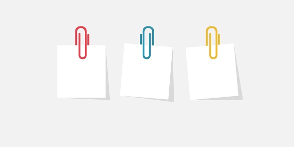 Sticky note paper with clips. Isolated empty blanks. Vector illustration.