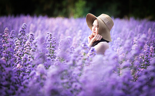 Photo of asian young woman in dress walking outdoor through lavender field in summer
