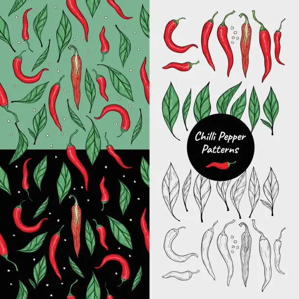 Vector illustration of Red green hot chili peppers seamless pattern Hand drawn closeup spicy organic ingred