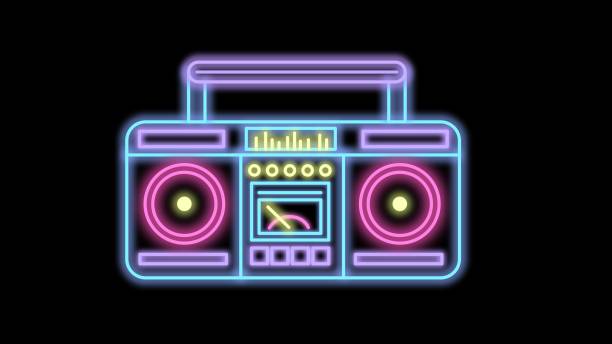 Retro Neon Boombox Music Cassete Stereo Recorder Illustration. 80s Disco Concept. Retro Neon Boombox Music Cassete Stereo Recorder Illustration. 80s Disco Concept. vj loop stock illustrations