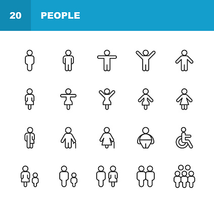 20 People Line Icons. Male, Female, Senior Adult, Boy, Girl, Disability Symbol, Overweight, Blind Person, Family, Relationship, Business Man, Business Woman, Leadership.