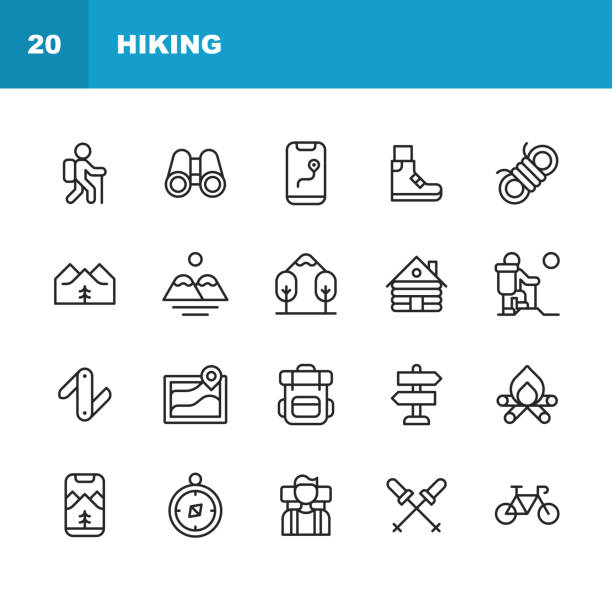 ilustrações de stock, clip art, desenhos animados e ícones de hiking line icons. editable stroke. contains such icons as backpack, bonfire, camping, climbing, forest, healthy lifestyle, hiking, trail, hut, map, mountain, nature, outdoors, photography, travel, trekking, wilderness - compass hiking map hiking boot