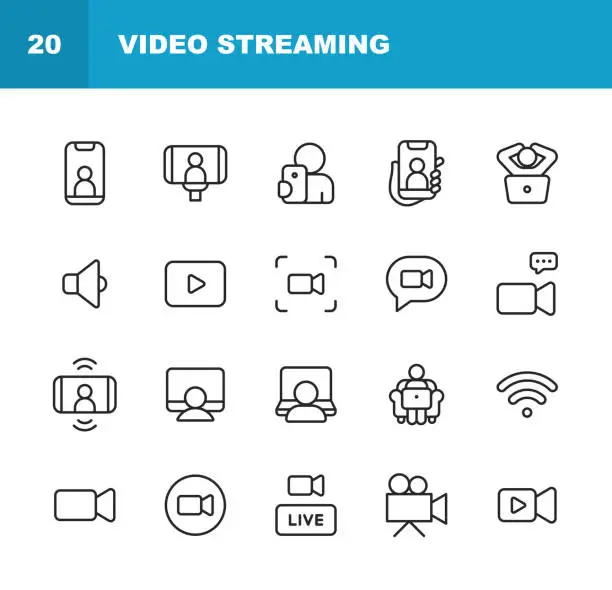 Vector illustration of Video Streaming Line Icons. Editable Stroke. Contains such icons as Live, Web Streaming, Video Streaming, Broadcasting, Podcast, Television, Sport, Device Screen, Film and Movie, Social Media, Influencer, Device Screen.