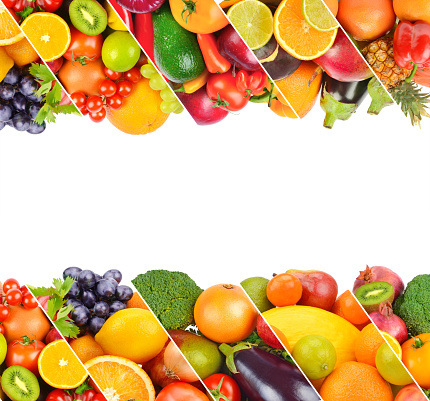 ollage of fresh fruits and vegetables for layout isolated on white background. Place for your text.