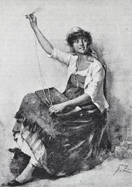 istock Young woman with curly hair, she works as bead embroiderer, right arm up 1400823710