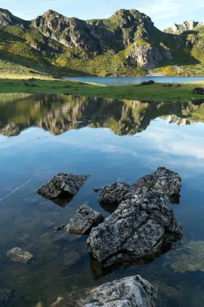Landscape of Calabazosa lake in Saliencia lakes in Somiedo in a sunny day. Asturias, Spain