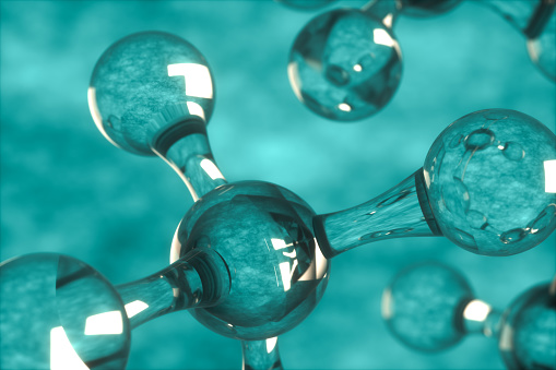 3d rendering of transparent molecule shape on green color background.