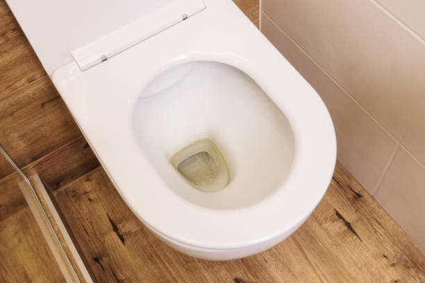 Dirty unhygienic toilet bowl with a lime stain in the toilet close-up Close-up, top view, dirty unhygienic toilet bowl with lime yellow stain in the toilet. Modern apartment with a minimalist interior toilet bowl stock pictures, royalty-free photos & images