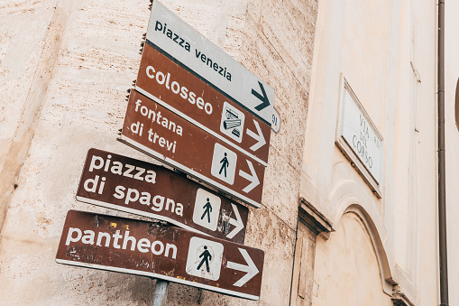 signs of main landmarks in rome, italy